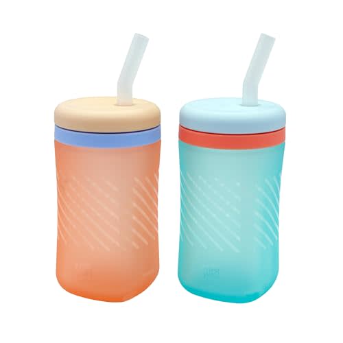 The First Years Silicone Squeeze & Sip Straw Cup - Orange and Blue | Spill-Proof Toddler Training Cups, Dishwasher Safe, 7 oz, 2 Count, Made Without BPA, Ages 6 Months And Up