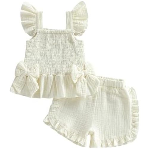 Toddler Baby Girl Outfit Summer Clothes Bow Print Bowknot Smocked Camisole Tank Top Ruffle Shorts Set