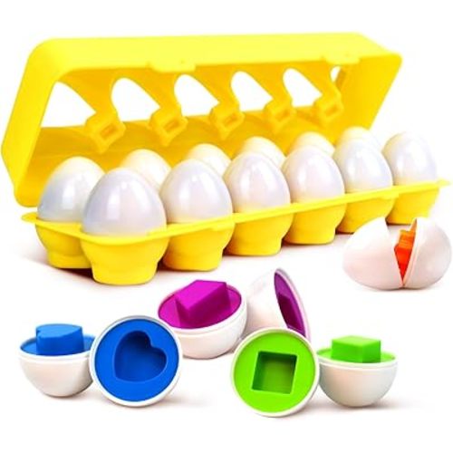 Tinabless Matching Eggs Toys 12 pcs Set Color & Shape Recoginition Sorter Puzzle for Toddlers, Christmas Easter Travel Game Early Learning Educational Gift for Year Old Kids