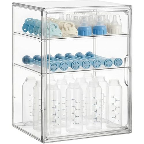 HBlife Baby Bottle Storage Organizer for Countertop Cabinet, 3 Tiers Adjustable Clear Acrylic Bottles Storage Station Case Box Container with 2 Removable Dividers and Magnetic Door, Large