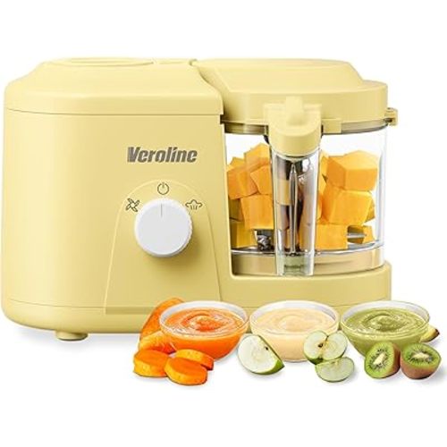 Baby Food Maker, One Button Rotate Control Baby Food Processor, Baby Puree Maker with Steaming and Grinding Functions, Baby Food Steamer and Blender, Yellow