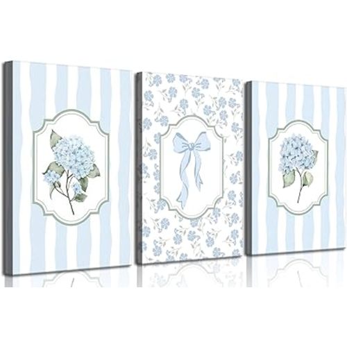 3Pcs Blue Hydrangea Canvas Wall Art Trendy Light Blue Striped Watercolor Bow Coquette Pictures Wall Decor Coastal Flower Botanical Aesthetic Posters Prints for Girls Bedroom Dorm Apartment 12x16in