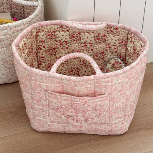 Quilted Fabric Totes Bag,Boho Quilted Fabric Storage Basket with Handles,Large Capacity Foldable Vintage Floral Organizer for Clothes Home Picnic Shopping Travel (1PC-G)