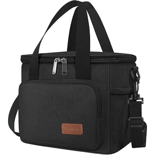 Femuar Reusable Lunch Box for Men/Women - Insulated Lunch Bag Leakproof Lunchbox for Work Office Picnic Beach - Freezable Lunch Cooler Bag with Adjustable Shoulder Strap - Black