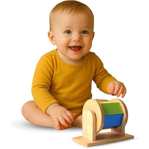 Montessori Wooden Rainbow Drum Spinning Toys for Babies 6-12 Months Toddlers | 100% Child Safe | Spinning Drum Baby Toy | Tummy Time Toy, Educational Toys for Early Development