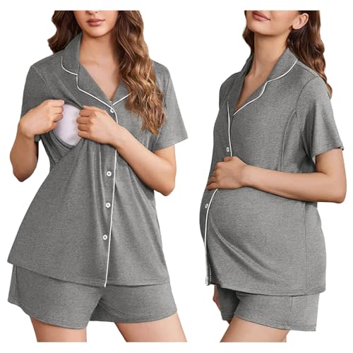 Ekouaer Women's Maternity Nursing Pajama Sets Button Down Postpartum Pajamas Short Sleeve Breastfeeding Clothes