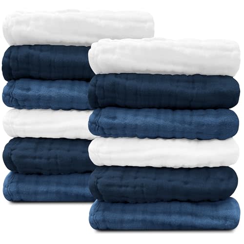 Sunny zzzZZ Baby Muslin Washcloths -100% Cotton Muslin Soft Baby Bath Wash Cloths and Absorbent Burp Cloths for Newborns Kids Girls and Boys -12 Pack, 12x12 Inches - White+Deep Navy Series