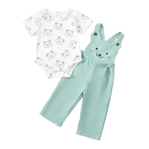 SUNNY PIGGY Baby Boy Clothes Newborn Outfits Short Sleeve Bear Print Romper Adjustable Suspender Overalls Jumpsuit