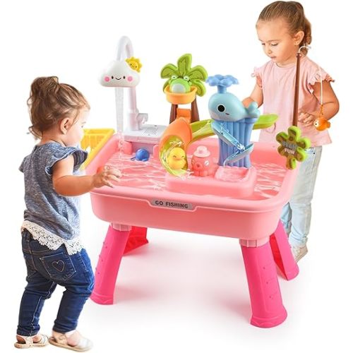2026 Upgraded Toddler Sand Water Table Toy with Electric Water Pump, Kids Sand Water with Faucet/Play Food Accessories/Fishing Toy, Kitchen Play Sink Toys for Girl Boy Age 3+ (Pink)