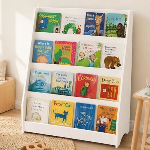 Wood Narrow Kids montessori Bookshelf, Narrow 4 Tiers Book Shelf and Book Storage Organizer for Kids Rooms, Modern Baby Kids Bookcase Rack Nursery Wooden Unique Bookshelf for Bedroom, Living Room