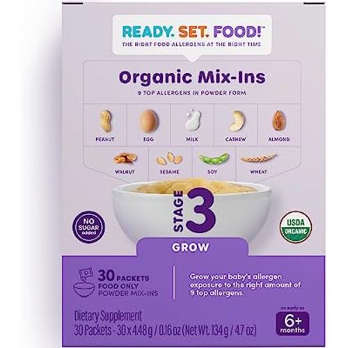 Stage 3 Mix-ins (30 Days) – Safe & Easy Early Allergen Introduction for Babies 6+ Months, Mix with Baby Food, With 9 Top Allergens: Organic Peanuts, Egg, Milk, Walnut, Cashew & More By Ready Set Food