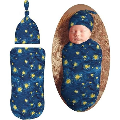 Star and Night Newborn Swaddle Blankets Hat Sets Soft Baby Receiving Blanket Swaddle Sack for Baby Shower Infant Boy Girl Gift