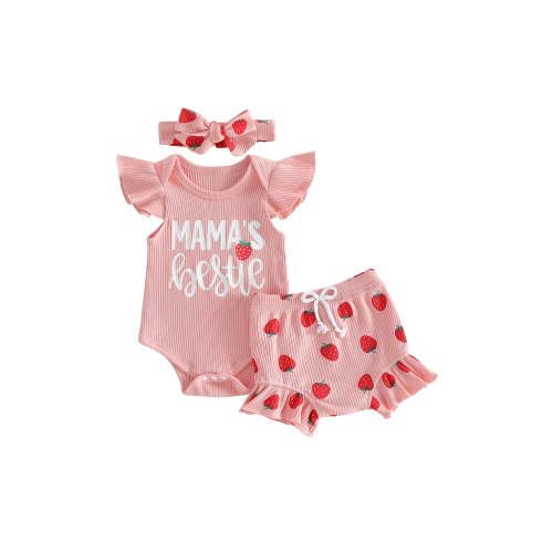 BemeyourBBs Mama's Bestie Baby Girls Summer Clothes Newborn Baby Girls Strawberry Outfits Letter Strawberry Print Flying Sleeve Ribbed Romper and Elastic Waist Shorts Headband Set