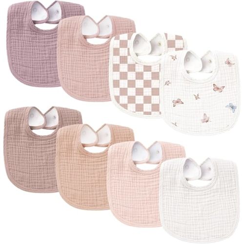 Konssy 8-Pack Muslin Baby Bibs, Adjustable Fit for Drooling and Teething | Soft Absorbent, Drool Bibs for Baby Boys Girls, Cotton Front with Fleece Backing, Newborn to Toddler 0-36M