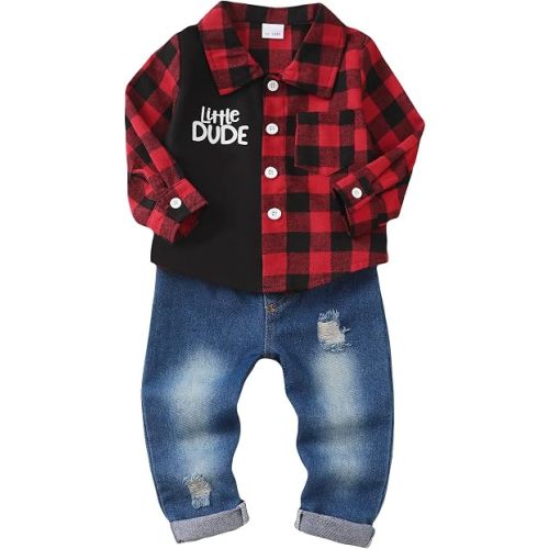 NZRVAWS Toddler Baby Boy Clothes Infant Plaid Pocket Shirt Denim Ripped Jean Pants Outfits Set 6-24 Months 2-5T