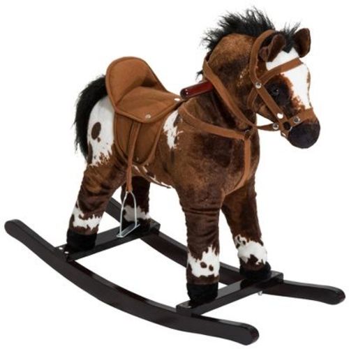 Qaba Kids Wooden Plush Ride-On Rocking Horse Chair Toy With Realistic Sounds - Dark Brown/White