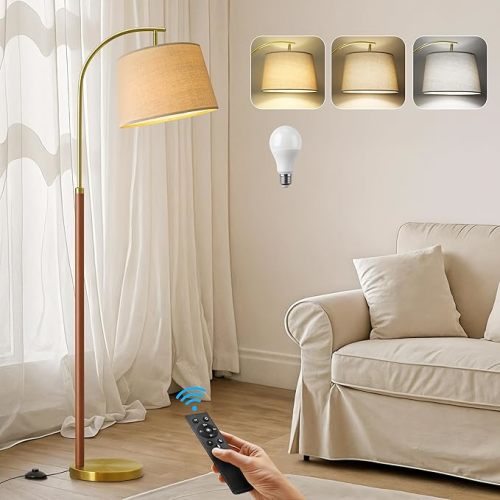 62.5" Gold Floor Lamp Dimmable Standing Lamp with Remote & Foot Switch, 3 Color Temperatures Arc Tall Lamp Wood Mid Century Modern Floor Lamps for Bedroom Office, 9W Bulb Included