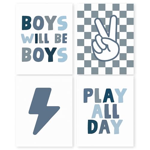 HRQKO Blue Checkered Nursery Decor Prints Set of 4, Room Decor for Boys, Kids Positive Will Be Boys Posters, Wall Decor for Play Room 8"x10" Unframed