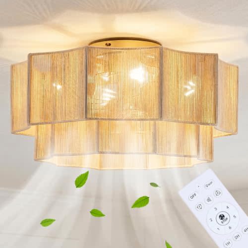 Hand-Woven Bohemian Ceiling Fan Light, 20" Hexagonal Flush Mount | Quiet 35dB DC motor with 7 transparent blades, 6-speed remote, reversible airflow, 4x E26 sockets for year-round comfort