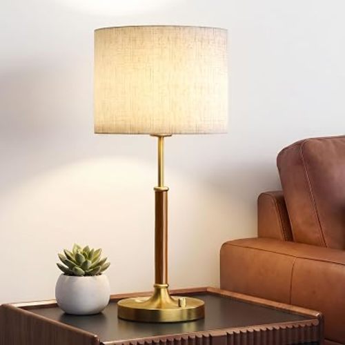 SIBRILLE Table Lamp for Bedroom, Bedside Table Lamp with Linen Fabric Shade, Wood & Gold Metal Base, Nightstand Table Lamp for Bedroom, Living Room, Office, Mid Century Accent Lamp for Home Decor