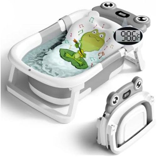 Baby Bathtub, Collapsible Newborn Bathtub for Infant to Toddler with Soft Cushion and Thermometer,Portable Travel Newborn Tub with No-Slip Feet, Baby Shower Gifts, 0-12 Months Baby Bath, Grey
