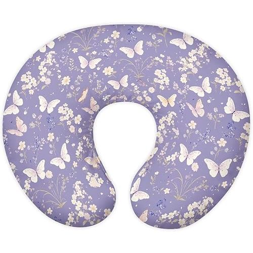 Butterfly and Floral Nursing Pillow Cover, Neutral Breastfeeding Pillow Cover Fits Newborn Feeding 0-12 Months Replacement Crescent-Shaped Breastfeeding Pillowcase