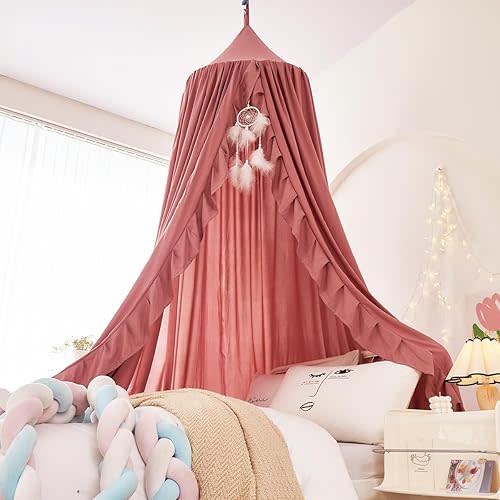 Mengersi Bed Canopy for Girls,Ruffled Canopy Bed Curtains Canopy for Girls Room,Hanging Canopy Princess Play Tent for Reading Nook Play Room Decor (JujubeRed)