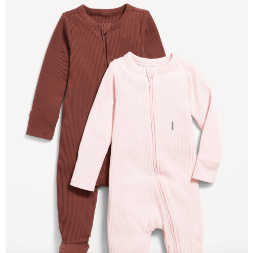 2-Way-Zip Footed One-Piece 2-Pack- Color Pink and Red Brown, Size 7lb
