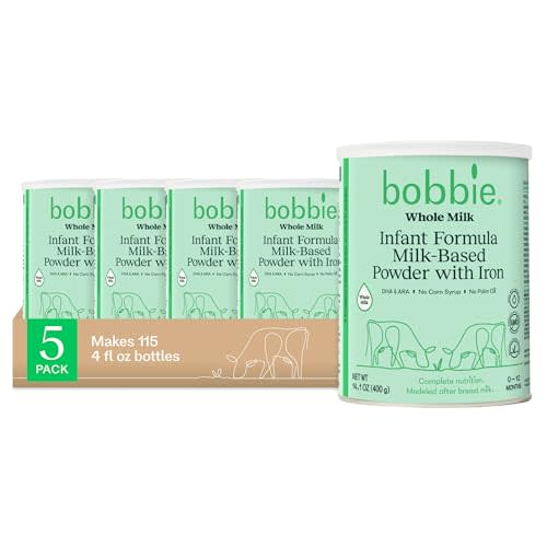 Bobbie Whole Milk, Grass Fed Baby Formula with Iron, Plant Based DHA and ARA, Vitamin D and Protein Blend Modeled After Breast Milk, For Newborn Baby to 12 Month Old, 14.1 oz, 5 Pack