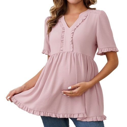 INSPIRE CHIC Women's Maternity Tops Boho Ruffled Notched Neck Short Sleeve Shirts Flowy Blouses