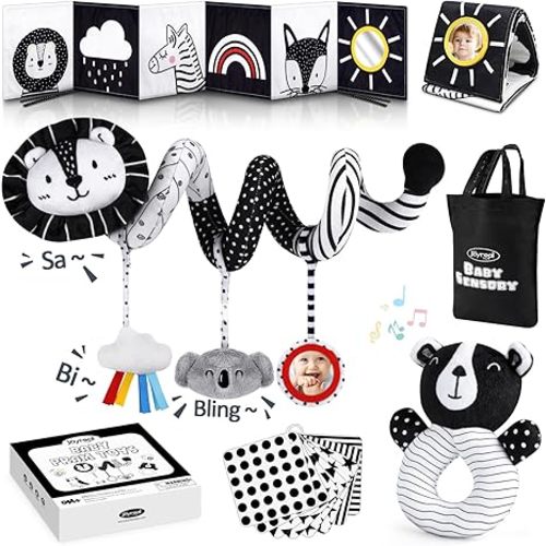 Joyreal High Contrast Baby Toys for Newborn, Black and White Baby Sensory Toys with Car Seat Toys,Infant Toys with Black White Cards Book, Montessori Toys for Baby Gifts (Elephant Theme)