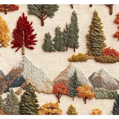 3D Embroidered Effect Mountain Fabric, Upholstery Fabric, Nature Themed Decor, Trees Forest, Curtain Fabric, Couch Cover, Meter Fabric