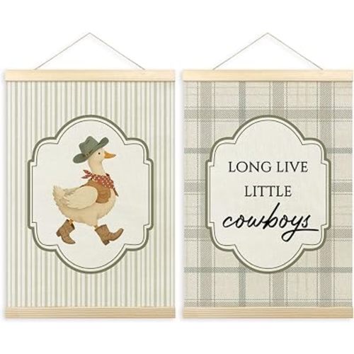TLESKE Western Cowboy Goose Nursery Wall Art Poster, Boy Nursery Wall Decor Hanging Poster with Hanger Frame for Kids Boys Room Bedroom, Farm Animal Wall Prints Picture Framed Banner, 12x16 Set of 2