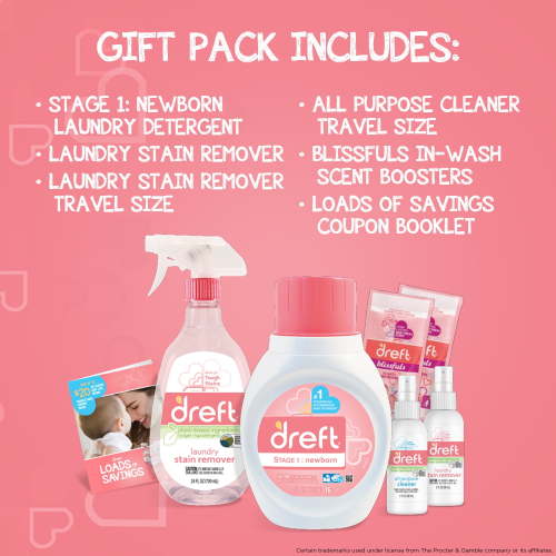 Dreft Bundle of Bliss Baby Gift Set with Laundry Detergent and Stain Remover, Infant Essentials, 16 Loads, 7 Pieces