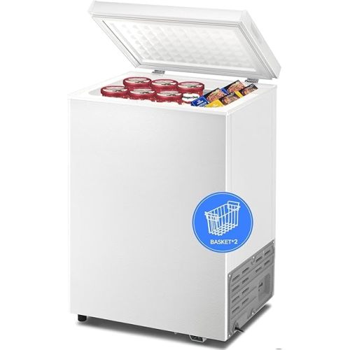 Kismile 3.2 Cubic Feet Chest Freezer with Removable Basket Free Standing Top open Door Compact Freezer with Adjustable Temperature for Home/Kitchen/Office/Bar