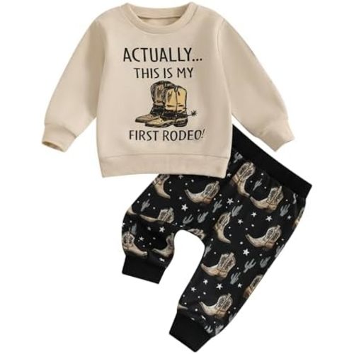 My First Rodeo Outfit Infant Toddler Baby Boy Long Sleeve Shirts with Pants 2Pcs Western Winter Clothes