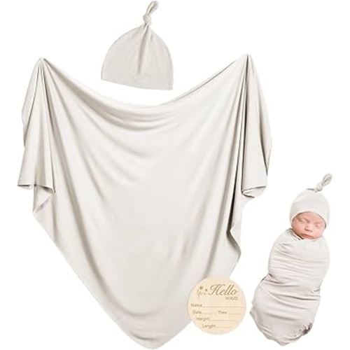 Rayon Made from Bamboo Newborn Swaddle Blanket Set with Matching Beanie, Super Soft Stretchy Baby Clothes Outfit for Girl Boy, Receiving Blankets Newborn Essentials, 35 x 35 Inch