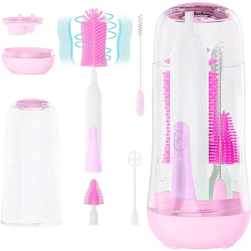 VSTM Electric Travel Baby Bottle Brush Set, Electric Bottle Cleaner, Silicone Bottle Brush, Nipple and Straw Brush, Milk Frother and Dry Drain Rack (Purple)