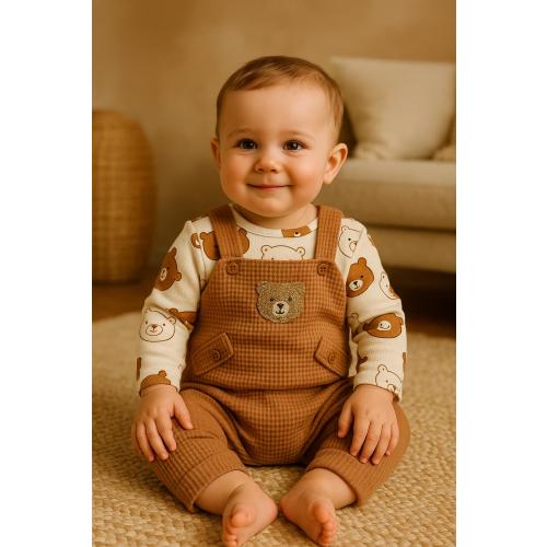 Brown Bear Baby Outfit Set, 3-Piece Infant Clothing, Waffle Overalls, Bear Bodysuit, Socks, Unisex Baby Gift, 3-6-9 Months