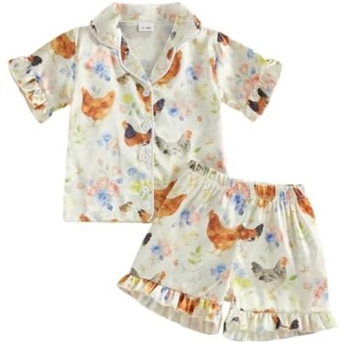 Kuriozud Toddler Baby Girl Pajamas Set Summer Floral Short Sleeve Button Down Shirt Top and Shorts 2pcs Pjs Sets Sleepwear