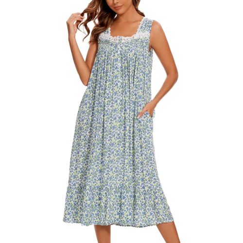 AVIIER Cotton Nightgowns for Women Sleeveless House Dress Ladies Long Nightdress with Pockets S-XXL