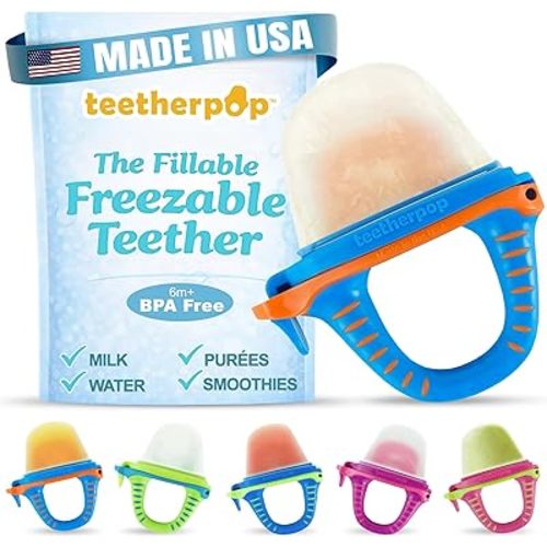 Fillable Freezable Teethers for Babies - Breastmilk Teether with Spill-Proof Sippy Slits – Teething Popsicle for Baby, Liquids & Purées, Cooling Teething Relief Feeder Pacifier - BlueOrange