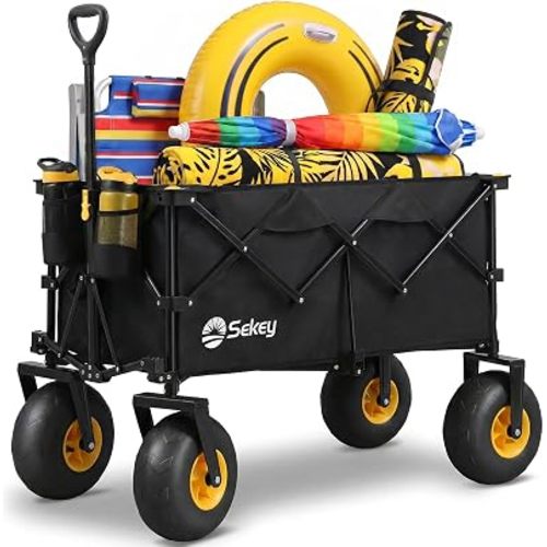 Sekey Heavy Duty Beach Wagon with 9" Big Sand-Proof Wheels – 600lb Capacity, 200L Oversized Foldable Cart | Adjustable Handle & All-Terrain Tires for Sand, Camping, Groceries
