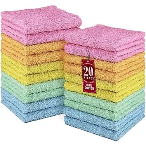DecorRack 20 Pack 100% Cotton Wash Cloth, Luxurious Soft, 12 x 12 inch Ultra Absorbent, Machine Washable Washcloths, Assorted Colors (20 Pack)