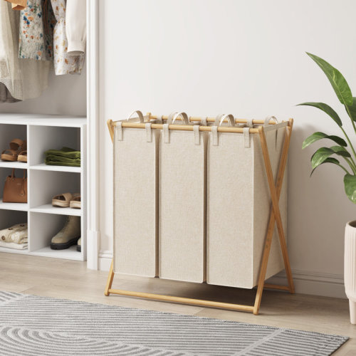 Ebern Designs 120l Large Laundry Hamper 2 Section, Collapsible Bamboo X-frame Laundry Basket Sorter, Clothes Hamper With 2 Removable Bags For Laundry Room Bedroom Bathroom, Beige | Wayfair