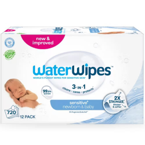 WaterWipes Sensitive+ Newborn & Baby Wipes, 3-In-1 Cleans, Cares, Protects, 99.9% Water, Unscented & Hypoallergenic, 720 Count (12 Packs)