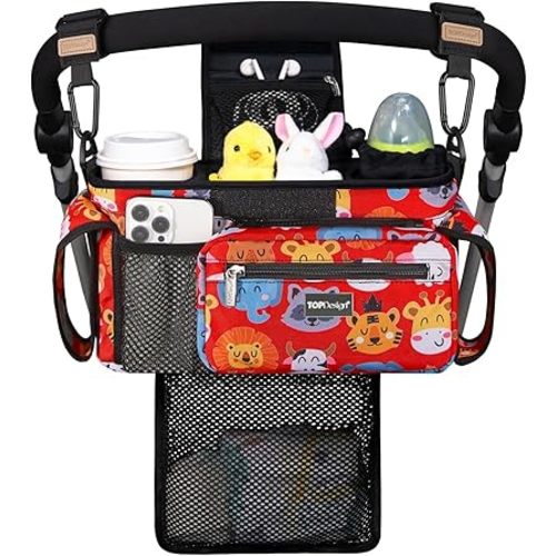 TOPDesign Universal Baby Stroller Organizer, Stroller Caddy with Detachable Mesh Bag & Heightened Insulated Cup Holders & Non-Slip Secure Hooks Accessories, Fits Most Strollers (Zoo 3)