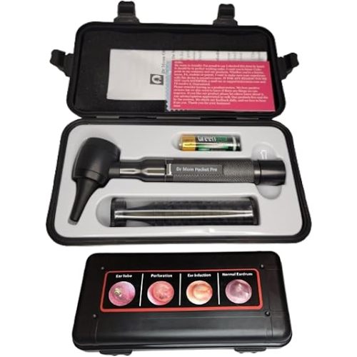4th Generation Doctor Mom LED Pocket Pro Otoscope with Both Adult and Pediatric Disposable Specula Tips, Battery, and Protective Hard Plastic Case - Black