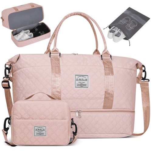 Travel Duffle Bag, Weekender Bags for Women with Shoe Compartment, Carry on Overnight Bag with Toiletry Bag and Shoes Bag, Gym Duffel Bag with Wet Pocket, Hospital Bags for Labor and Delivery, Pink
