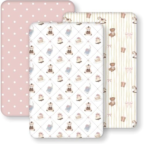 FIEMOL Baby Bedside Bassinet Sheets Fitted, 33”x20” Compatible with Baby Delight Dream On Me & Most Rectangle Bedside Sleeper Bassinet Mattresses, Super Soft Microfiber Pink Bear